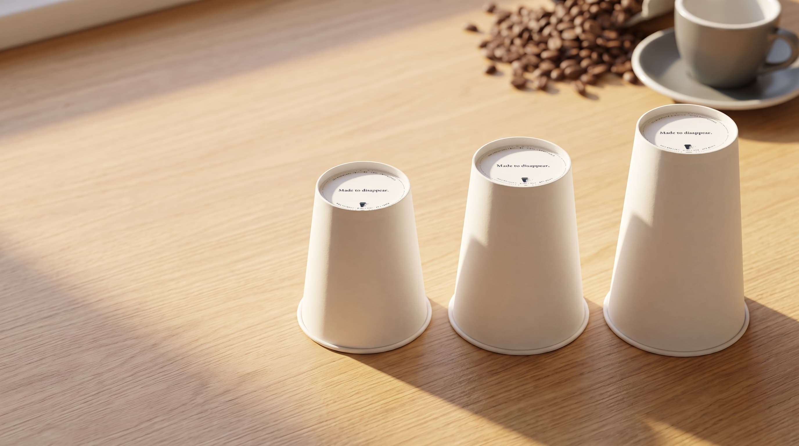 Three cupcasa cups upturned on a sunlit wooden counter, their printed bases reading Made to disappear, with coffee beans and an espresso behind